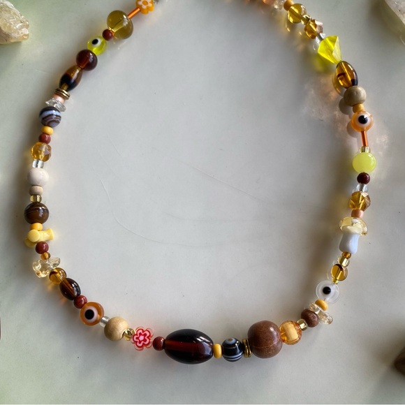 Be Like Honey Mixed Bead Necklace Amber Brown Evil Eye Glass Beads Orange Flower - Picture 4 of 11
